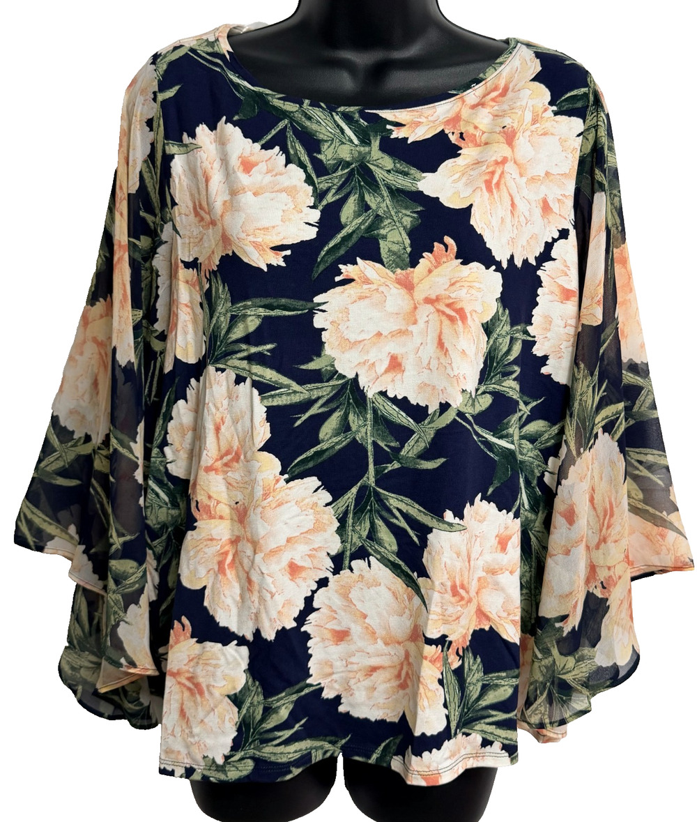 Chico's Touch of Cool Dahlia Angel Sleeve Floral Top Women 2 Large Blue Pink NEW